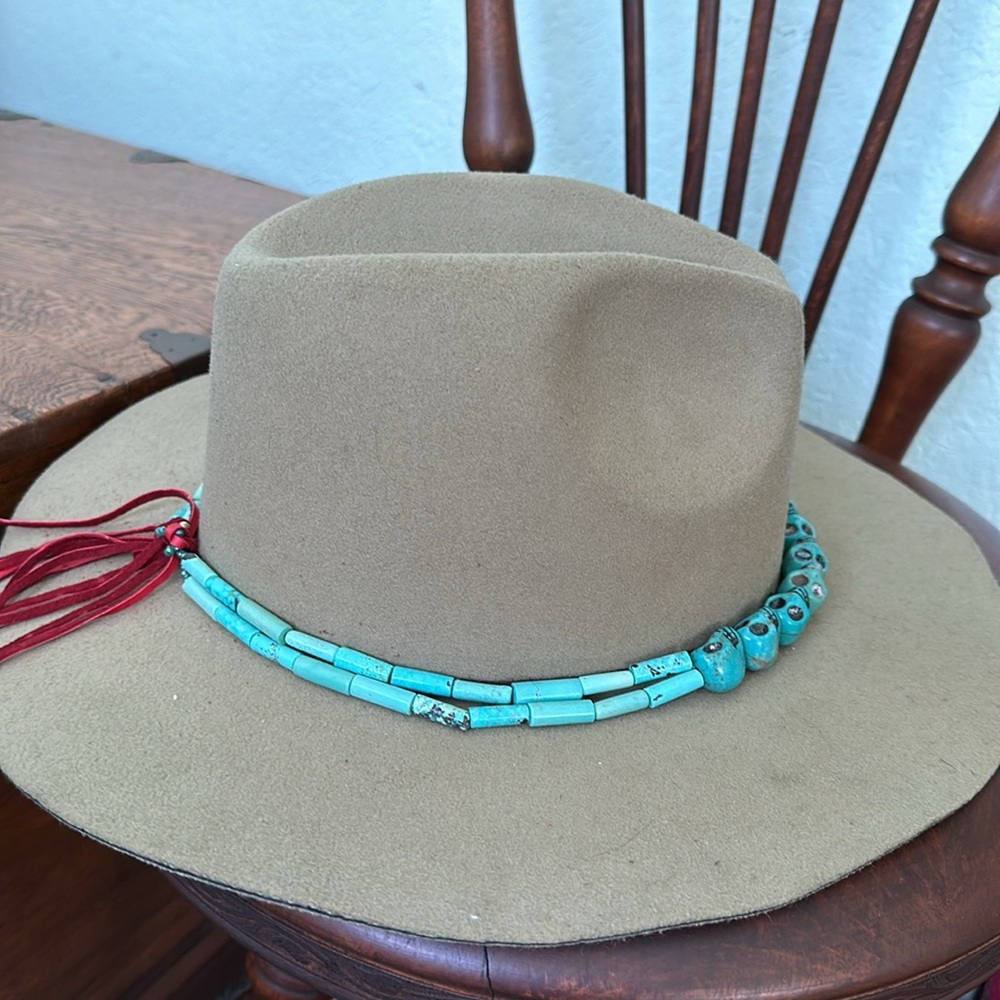 Vintage wide brim fedora with handmade turquoise skull hat band!!